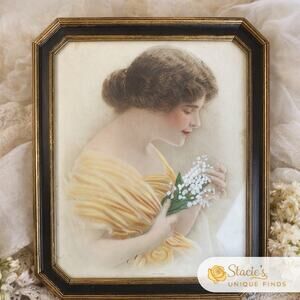 Vintage Framed Love’s Token Print Woman Lilies Art Nouveau Styl